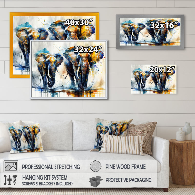 Éléphants qui courent II - reproduction sur toile, Impression noire sur toile encadrée, L 20 po x H 12 po