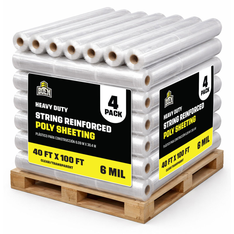 Boen Clear String Reinforced Plastic Sheeting 40 ft x 100 ft, 6 Mil Heavy-Duty for Dust Containment, Vapor Barrier & Jobsite Protection