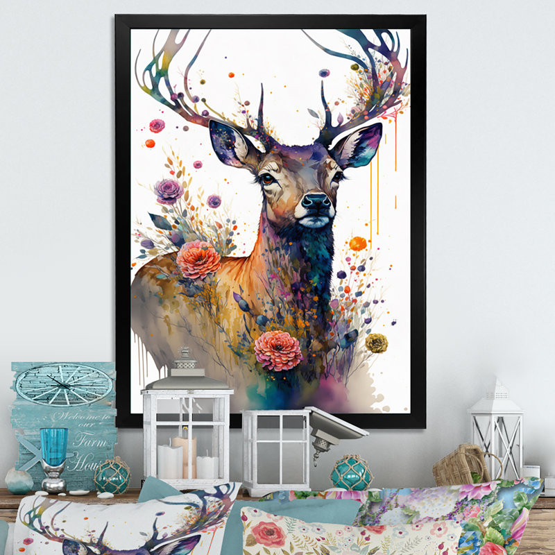 «Cute Deer Floral I», impression sur toile, Cadre photo noir, H 32 po x l 24 po x P 1 po