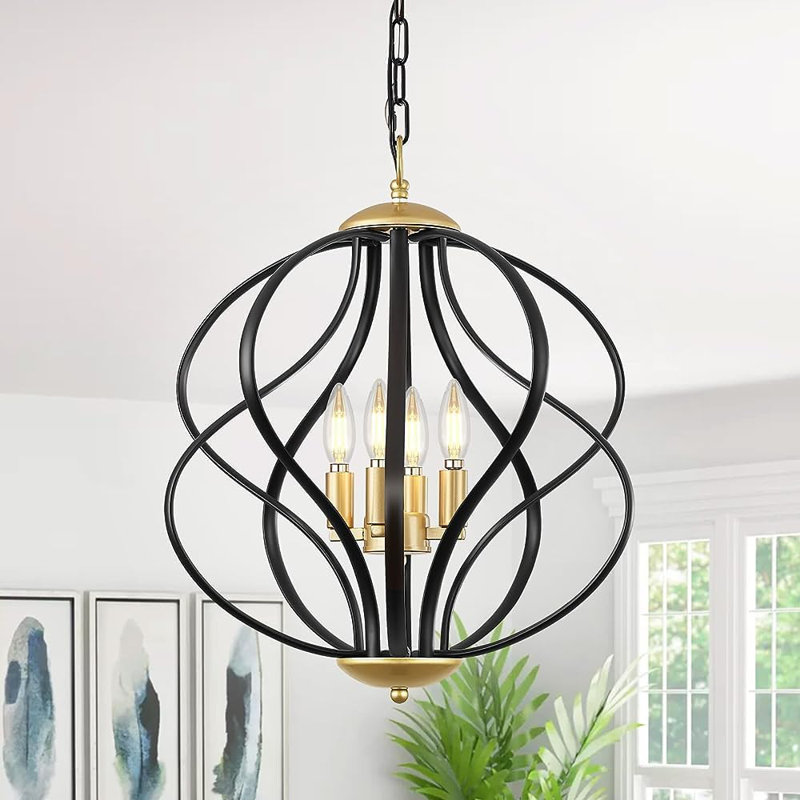 Modern Industrial Sphere Chandelier With Adjustable Height, 4-Light Black & Gold Pendant Fixture For Dining Room, Kitchen, Entryway