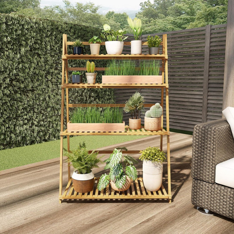 Échelle à 4 niveaux, support de rangement pliable en bambou pour l'intérieur et l'extérieur, organisateur de présentation autoportant pour plantes, chaussures et décoration