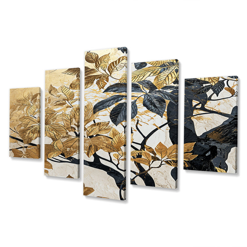 Arbre noir rétro feuilles dorées - feuilles, art mural 5 pièces