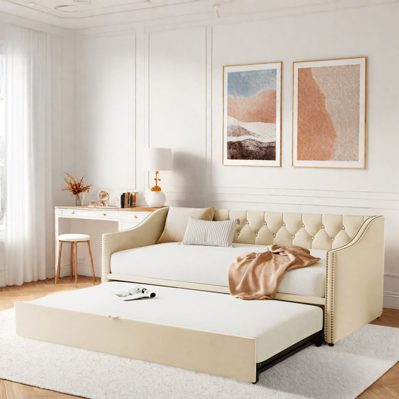 Upholstered Daybed With Pop Up Trundle, Beige