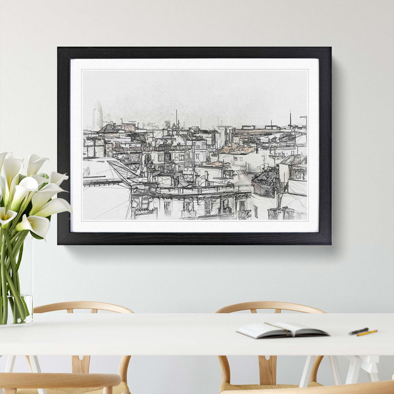 Rooftops in Barcelona Spain in Abstract - Picture Frame Graphic Art Print, Black, 35cm H x 50cm W x 2cm D