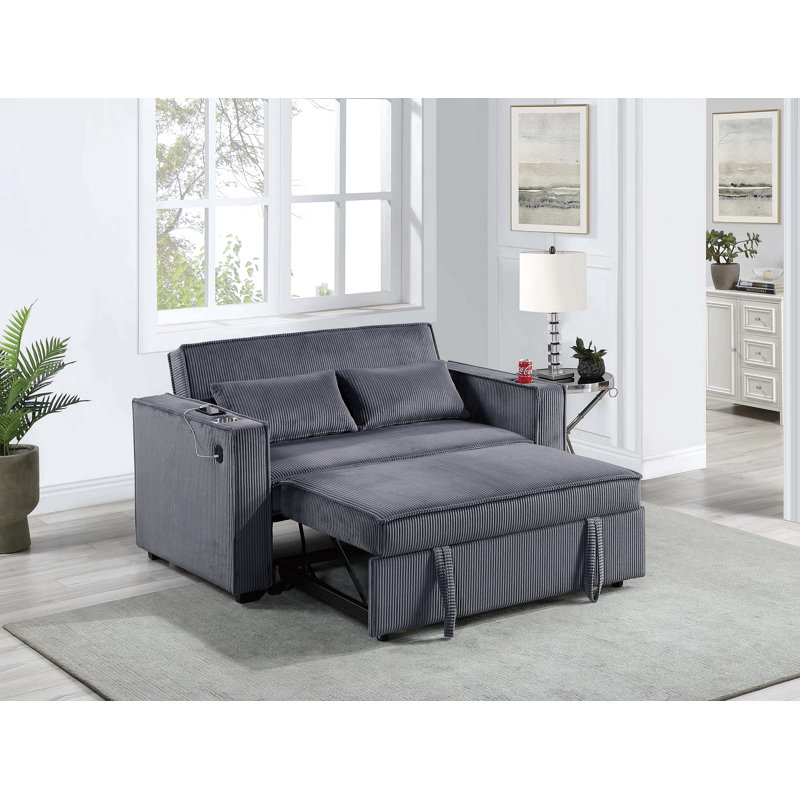 Corduroy Upholstered 2-Seat Sofa W Cup Holders Sleeper Couch 1Pc Convertible Sofa W Usb, Dark Gray