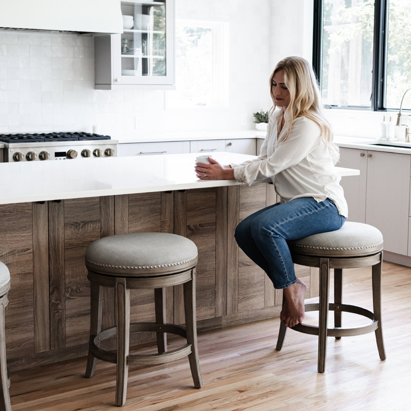Maven Lane Alexander Backless Stool with Fabric Upholstery, Counter Stool (26” Seat Height), Reclaimed Oak