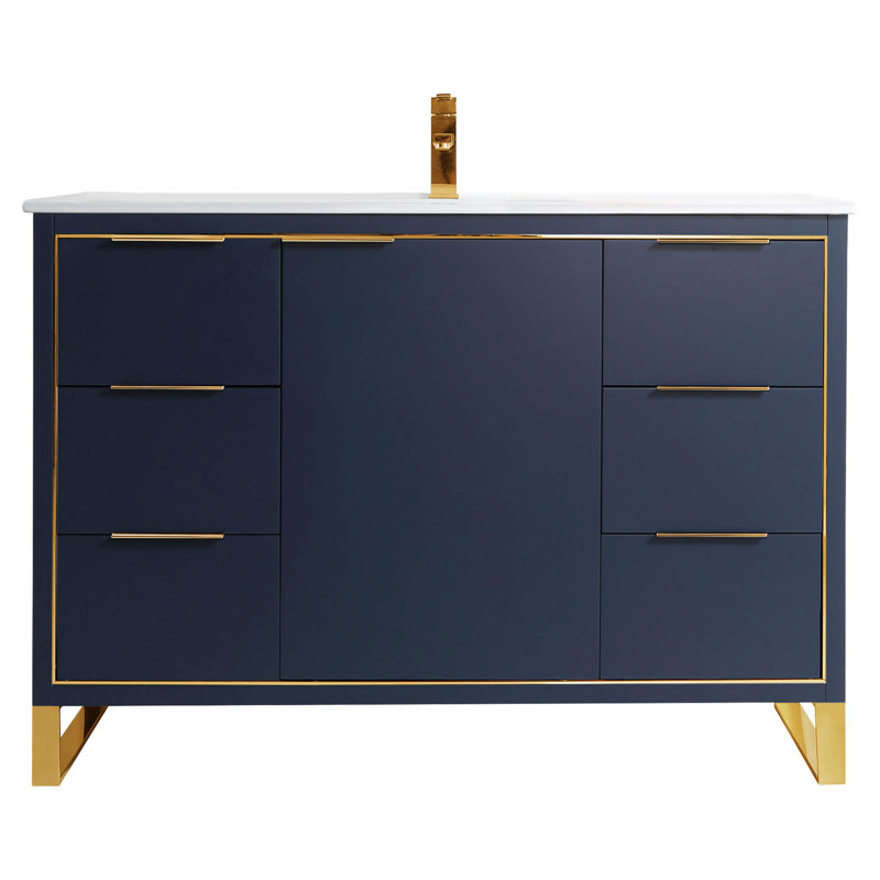 48" Single Bathroom Vanity Set, Satin Brass, Navy Blue