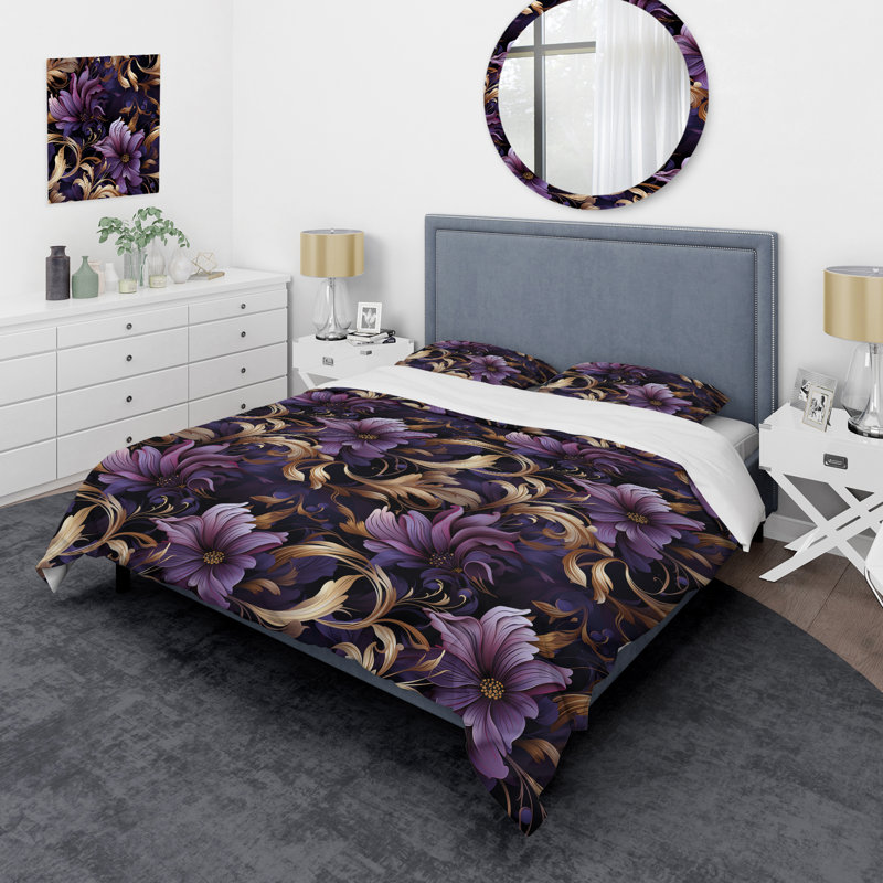 Ensemble de housse de couette glamour à motif damassé doré et mauve II, Housse de couette pour grand lit et 2 taies décor