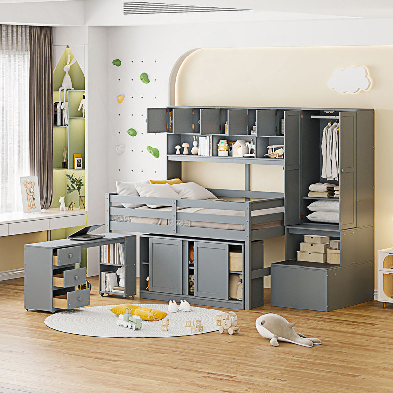 Grand lit mezzanine pleine grandeur avec rangement sous le lit, avec tiroirs et tablettes