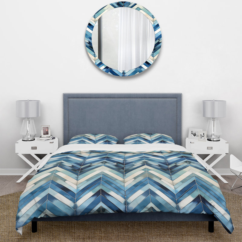 Vintage Cobalt Blue White Chevron Geometric I - Ensemble de housse de couette à chevrons