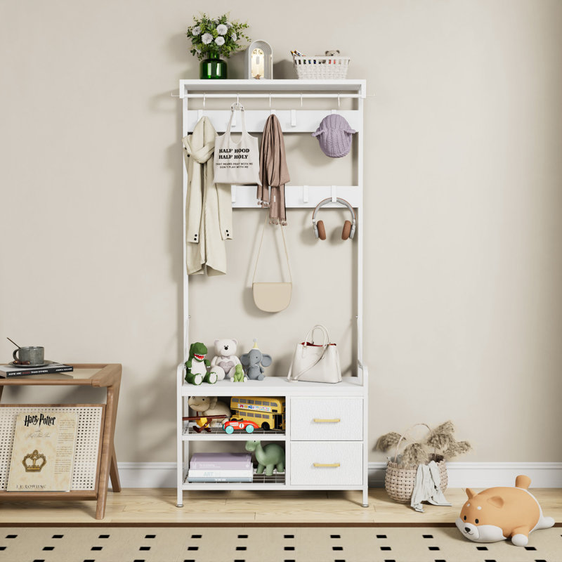 Hall Tree, Coat Rack with 17 Hooks & 2 Drawers, 6 in 1 Design Entryway Bench, Shoe Rack Hanging Rod