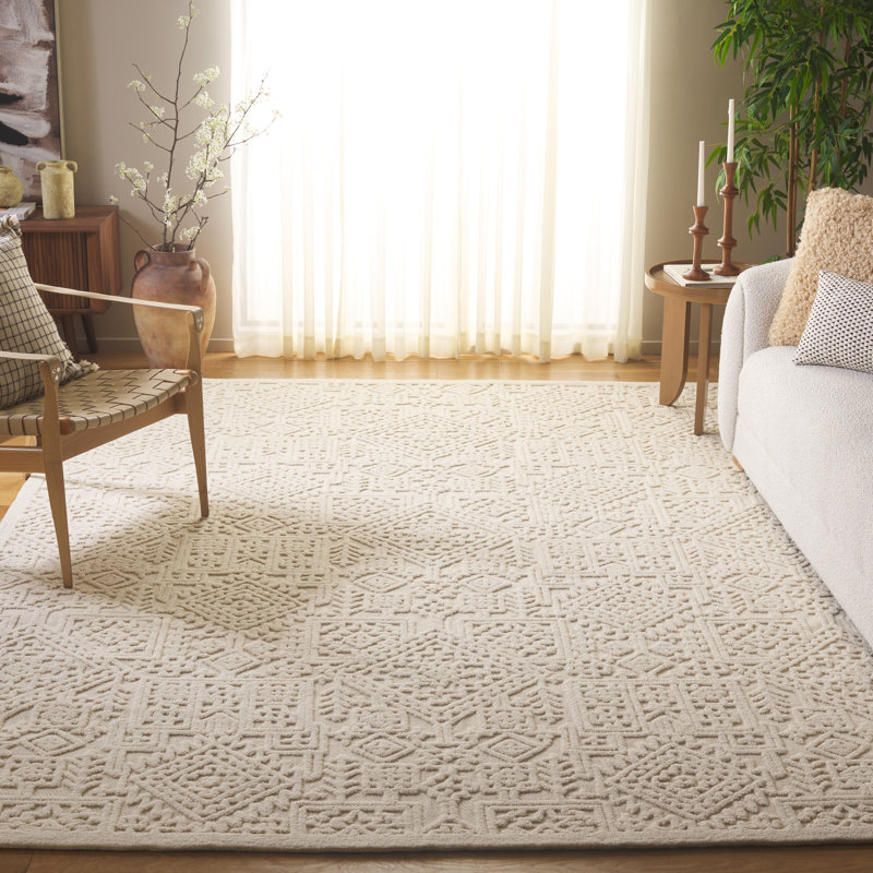 Tapis oriental texturé ivoire en laine / coton touffeté à la main, Rectangle 8 pi x 10 pi