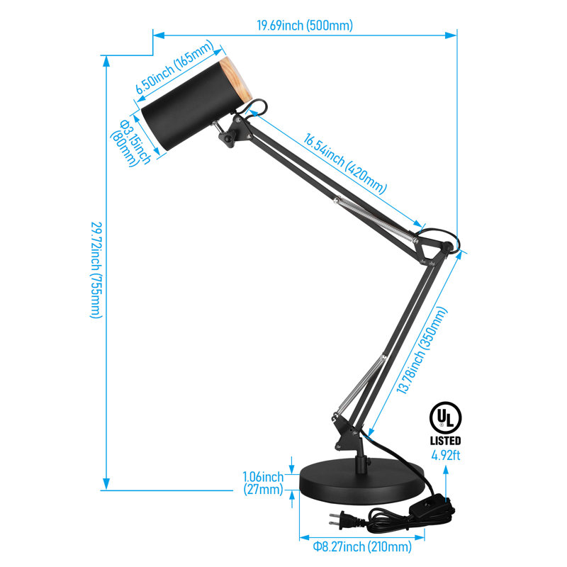 Swing Arm Table Lamp, Large Size Height 29.7", Adjustable Metal Desk Light With Wooden Accent, Black