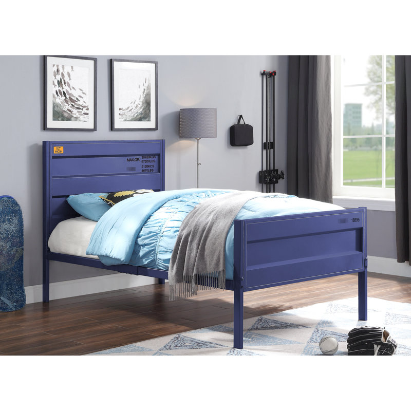 Lit double avec finition cargaison bleue, structure en métal, pieds droits, profondeur de 79 po, largeur de 56 po, cadre de finition de 44 po de hauteur, style de contenant, 21 lattes, sans sommier, long