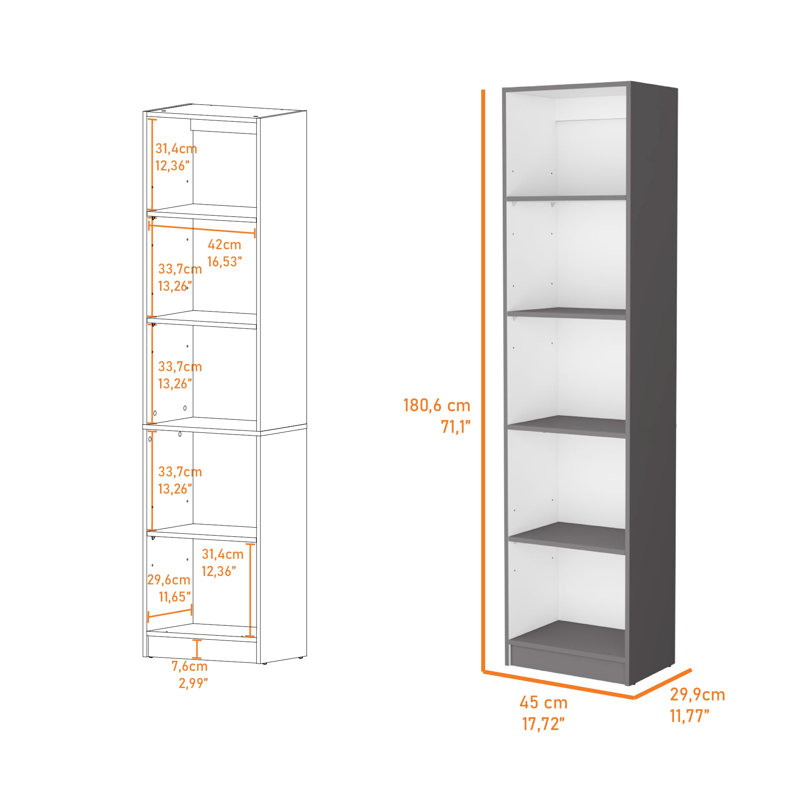 Matt Grey And White 5-shelf Shelf - Slim Bookcase For Home 5 Stylish Homes