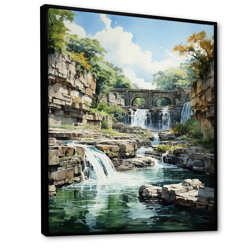 Barrage majestueux, cascade impressionniste - paysage urbain, art mural, H 40 po x l 30 po x P 1,5 po, Cadre flottant noir