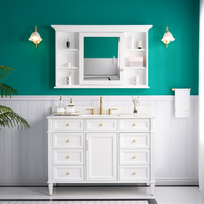 Pharmacie en bois massif à fixation en surface avec miroir et tablettes, H 30 po x l 48 po x P 6,9 po