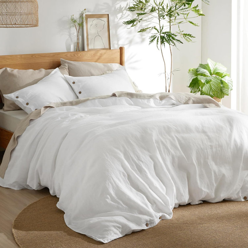 Bedsure Linen Cotton Blend Duvet Cover, PureWoven Cooling & Breathable Bedding Set for Hot Sleepers (Set of 3), White