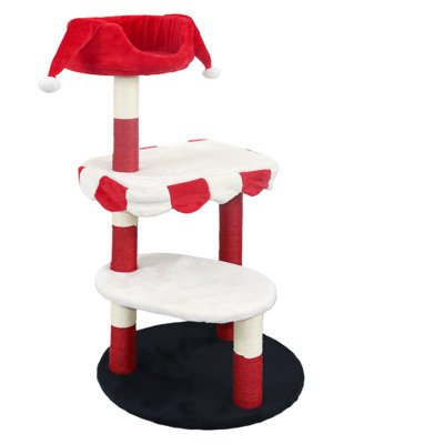 Arbre à chat multicolore rouge et blanc. Perchoir douillet pour chatons et chats, 3 plateformes d'observation, grattoirs enveloppés, jute naturelle, hauteur de 44,5 po, arbre de base antidérapant avec motif, chats.
