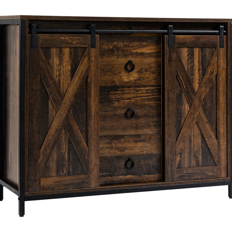 Buffet rustique brun - Style industriel avec portes coulissantes de style grange, 3 tiroirs, étagères réglables pour salle à manger intérieure, tiroirs et