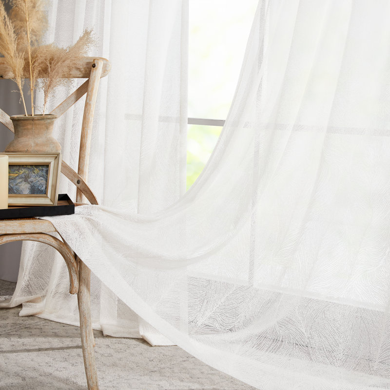 Feather Pattern Sheer Grommet Jacquard White Window Curtain Drapes (Set of 2), 52" W x 96" L