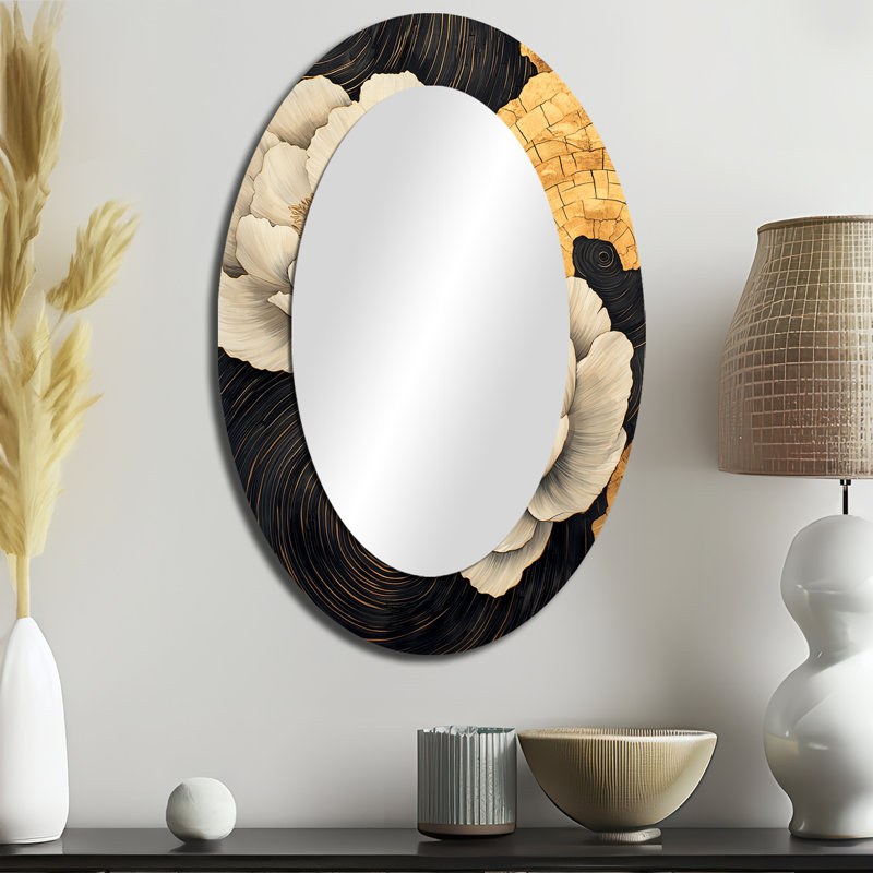 Abstract Goldern Peonies On Dark Wood Slide VI - White Traditional Oval Wall Mirror, 36" x 24"