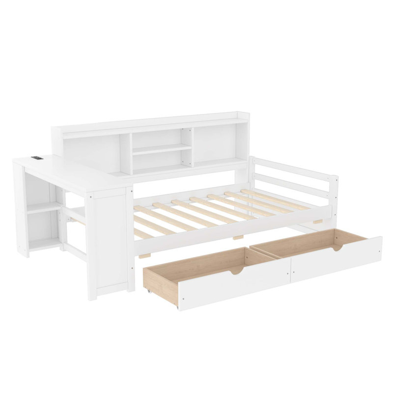 Lit de jour d'angle avec rangement intégré, bureau et station de charge, Blanc