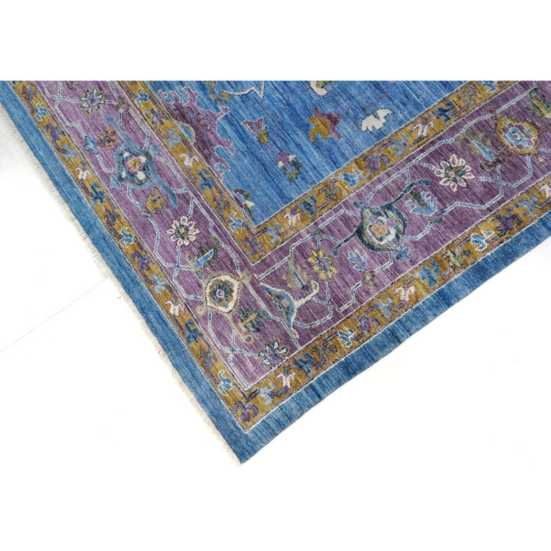 Tapis bleu et mauve de haute qualité noué à la main