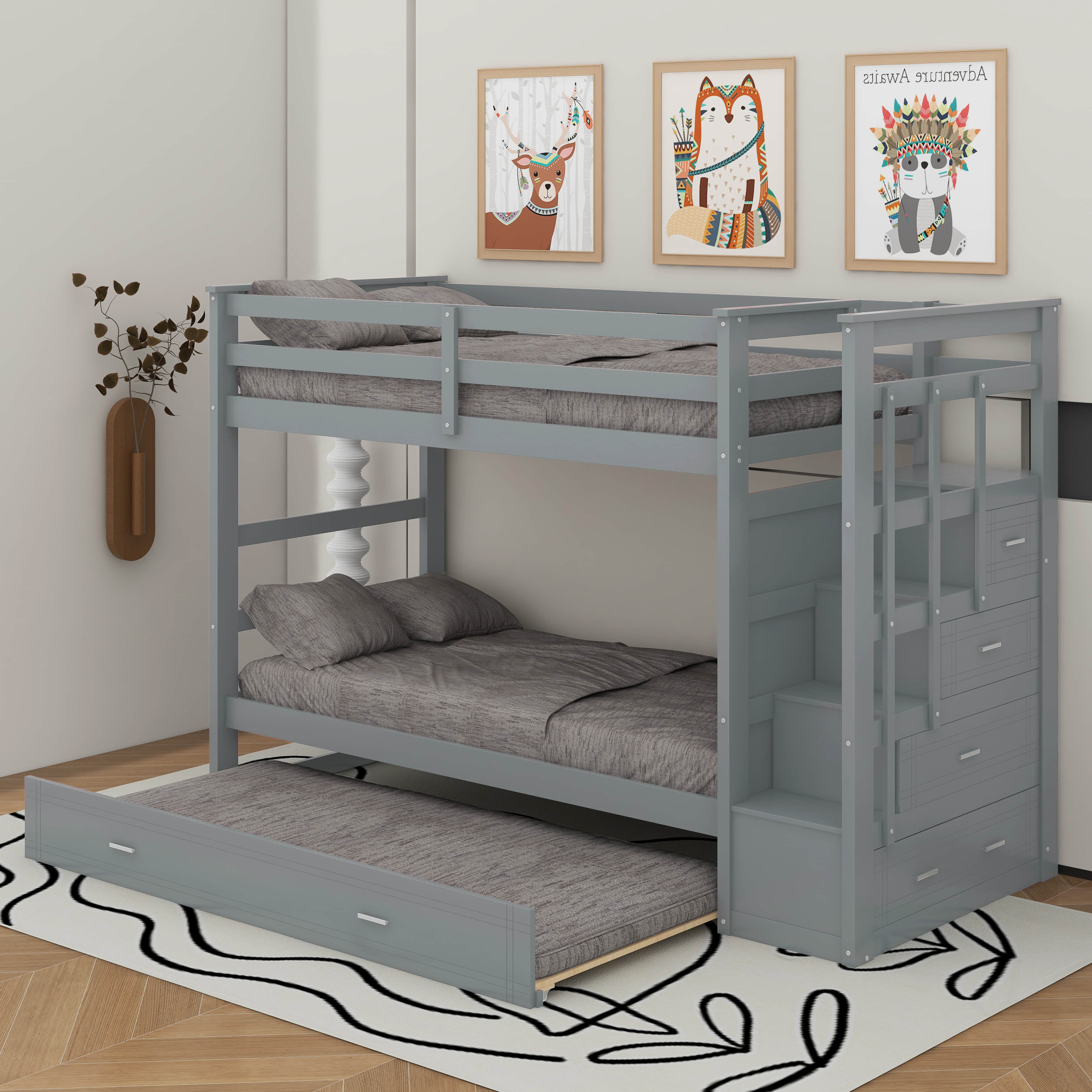 Harriet Bee Twin Over Twin Bunk Bed With Trundle And Staircase | Wayfair
