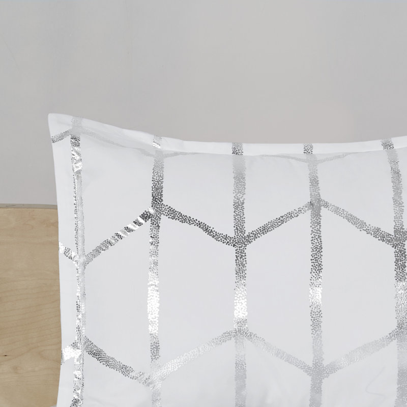 Raina Microfiber Comforter Set, King/CalKing Comforter + 2 Shams + 2 Throw Pillow, White/Silver
