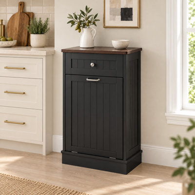 Meuble de poubelle basculant de style champêtre avec tiroir de rangement, en bois, d'une capacité de 38 litres (10 gallons), idéal pour la cuisine et la buanderie - Noir/Une porte