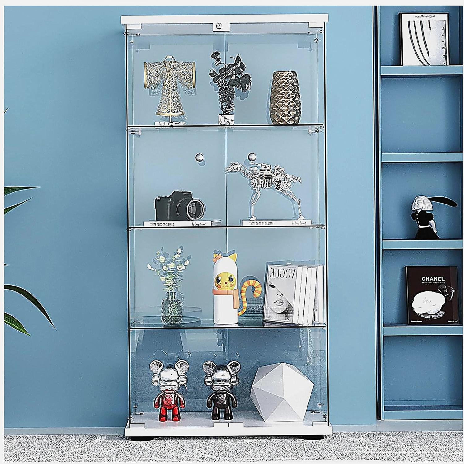 Latitude Run® Glass Display Cabinet 4-Shelf 2 Doors with LED Push Light ...