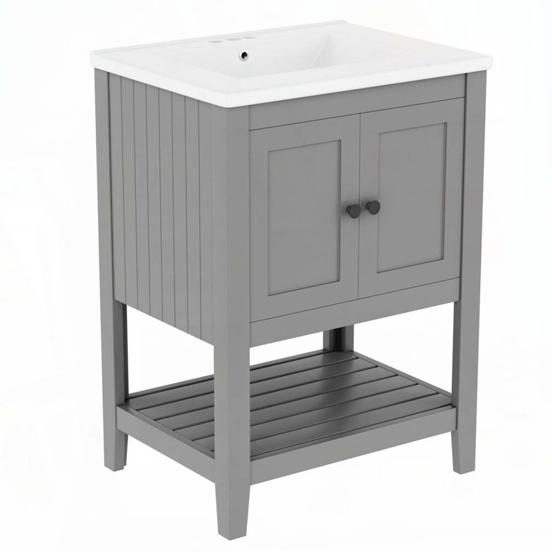 Meuble-lavabo 24 po avec lavabo en céramique et cadre ouvert en bois massif, Gris / Noir