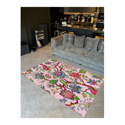 Pink Themed Ivy and Flower Patterned Woven Base Modern Decorative Washable Rug