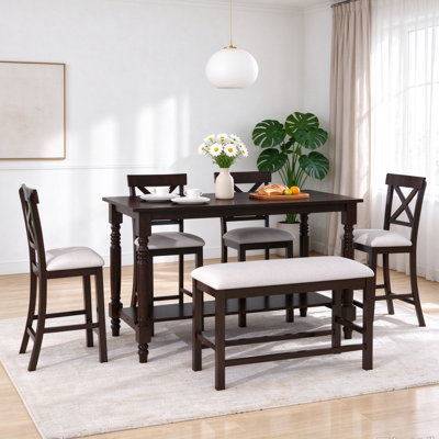 Ensemble de 6 tables de salle à manger à hauteur de comptoir avec 4 chaises et un banc pour la salle à manger (espresso)