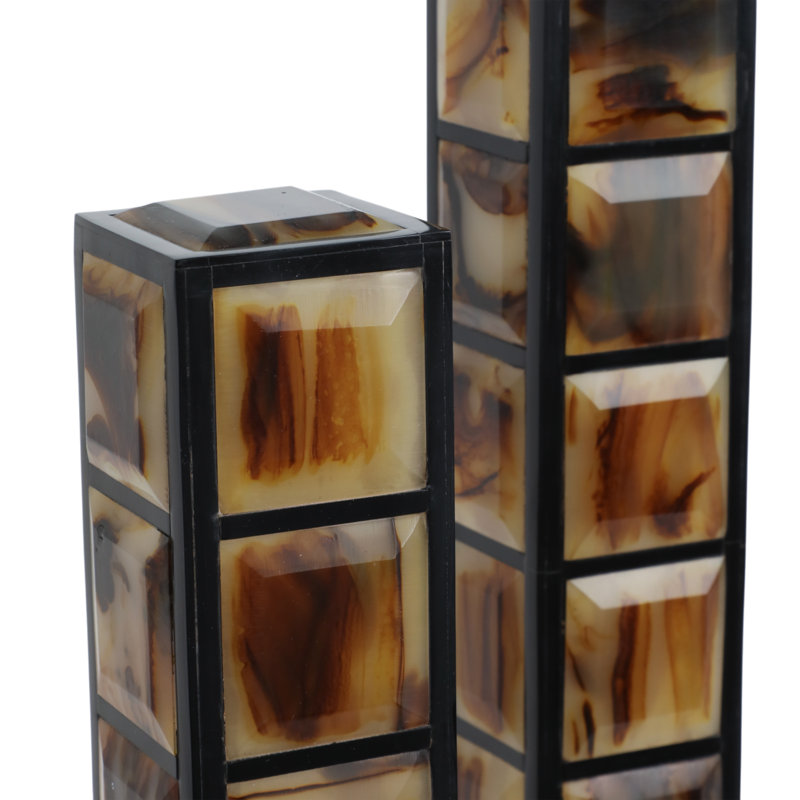 Decorative Geometric Column Sculptures with Square Accents, Brown