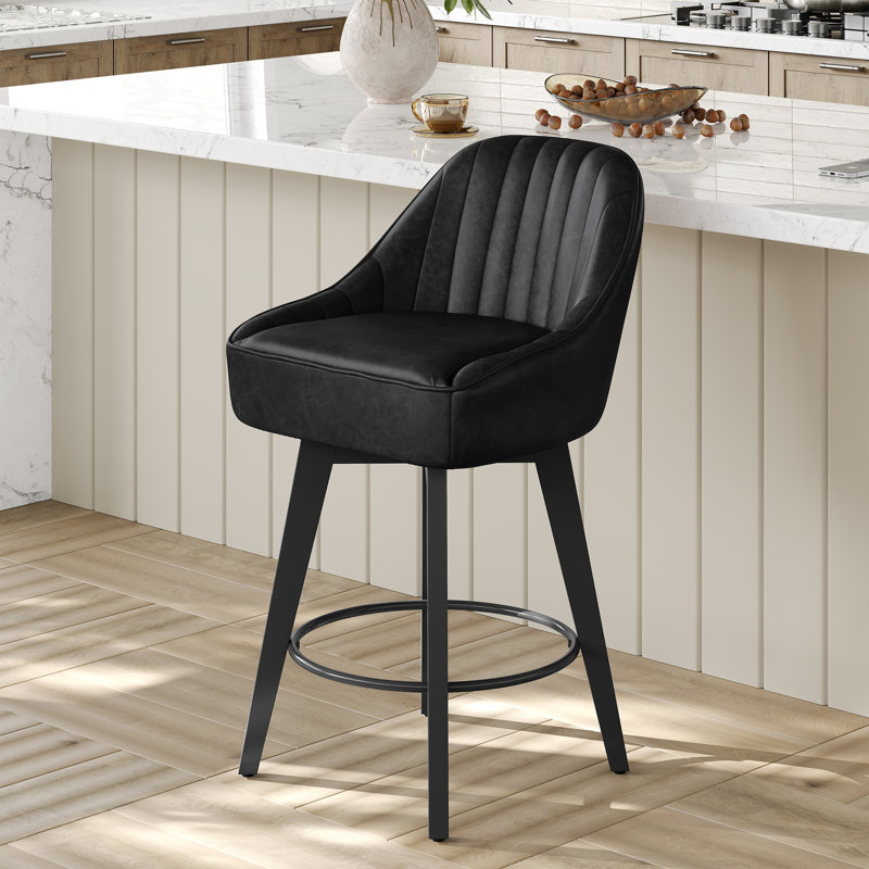 Swivel Upholstered Counter Stool with Metal Frame, BLACK, 2