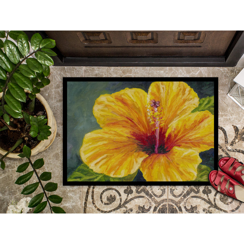 Paillasson d’extérieur antidérapant jaune d’hibiscus Walberg, Rectangle 2 pi x 3 pi