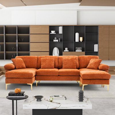 Canapé modulaire en chenille en U 114 po avec méridienne et pieds dorés