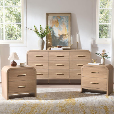 3-Piece Bedroom Set 9-Drawer Dresser + 2 Nightstands with Rounded Corners, 63"W, Large Storage Capacity