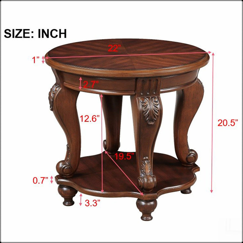 22'' Retro Round End Table,Solid Wood Sofa Side Table with Shelf, Cherry
