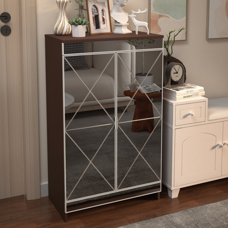Armoire à miroir avec rangement pour chaussures à deux portes - brun et argent, verre givré argenté
