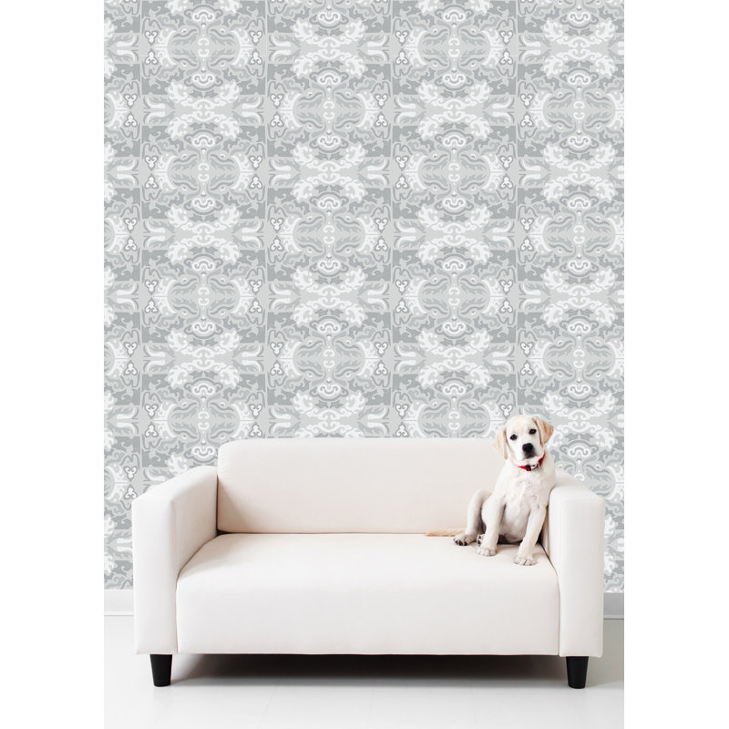 Shanghai Foo You Looking at 10' L x 24" W Wallpaper Roll, Pewter, Faux Grasscloth