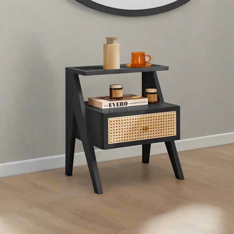 Mina Solid Wood & Rattan Bedside Cabinet, Black