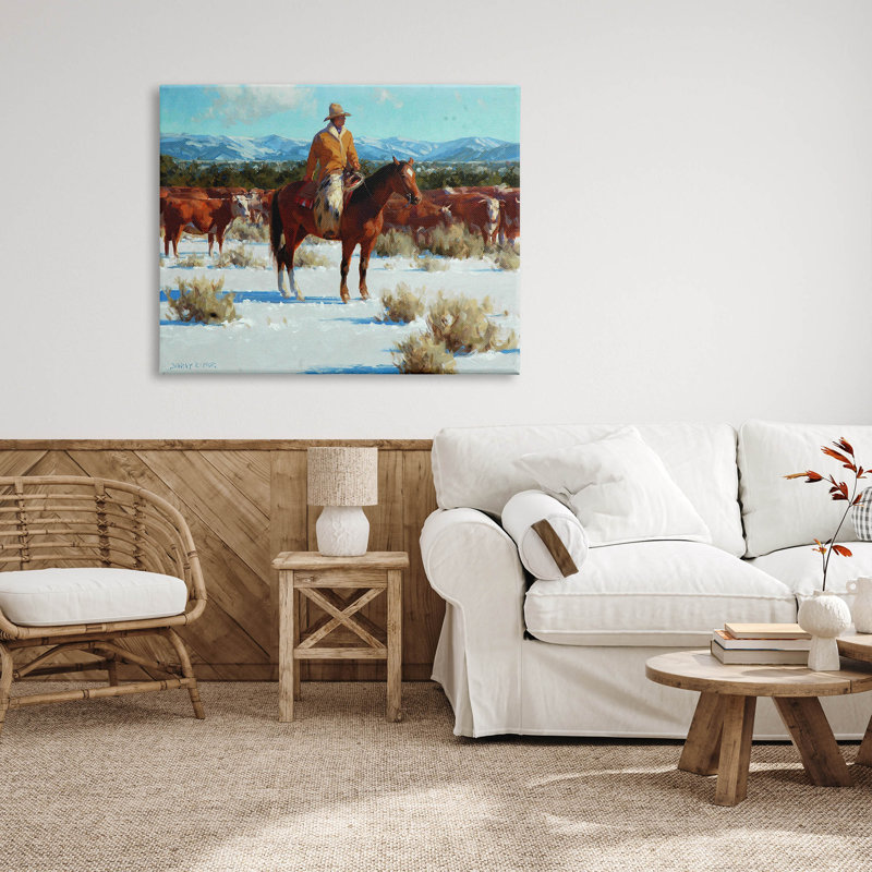 Hiver, cowboy, bovins, paysage, estampe numérique par Jimmy Dyer, H 36 po x l 48 po x P 1,5 po, Toile tendue