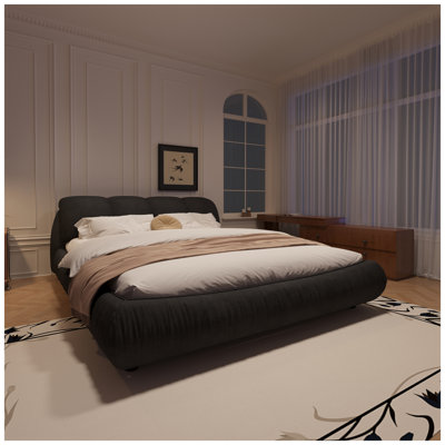 King Size Luxury Upholstered Platform Bed with Oversized Padded Headboard, Solid Wood Frame & Ergonomic Design - Black