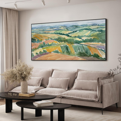 Très grande reproduction d'art sur toile - paysage d'aquarelle de paysage pittoresque de champs roulants pour le salon ou la chambre à coucher - «Assemblage requis du cadre (cadre non fini)»