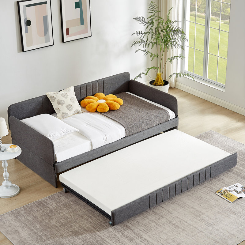 Lit de jour simple avec couchette en gris, lit à structure de bruit en métal pour une chambre à coucher grise, salon moderne stable