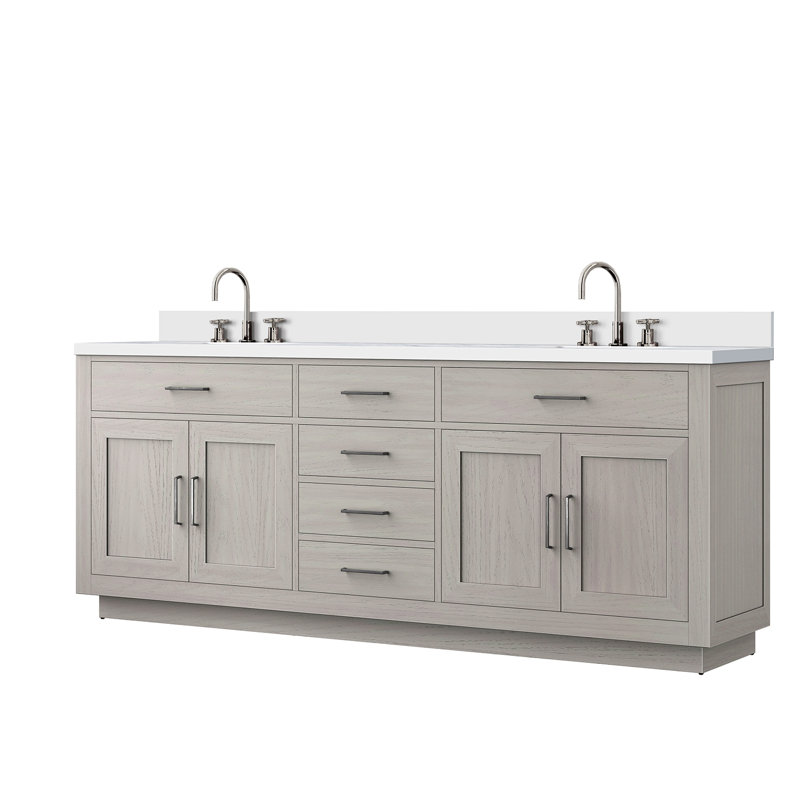 Meuble-lavabo double en chêne 84 po X P 22 po D, plateau en marbre de culture et ensemble de robinet, Blanc, Noir mat, 84"