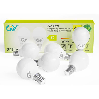 GY E14 LED Bulbs Cool White G45 Energy Efficient, 4.9W 6500K 807 Lumen Energy Saving Replaces 60W, 280deg Non-dimmable, 6 Pack